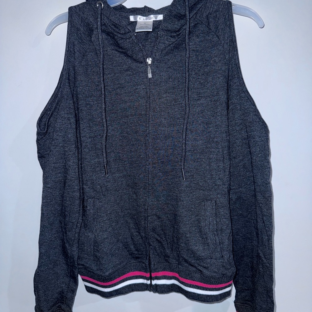 K Jordan Charcoal Hoodie with open shoulders red and White Stripes